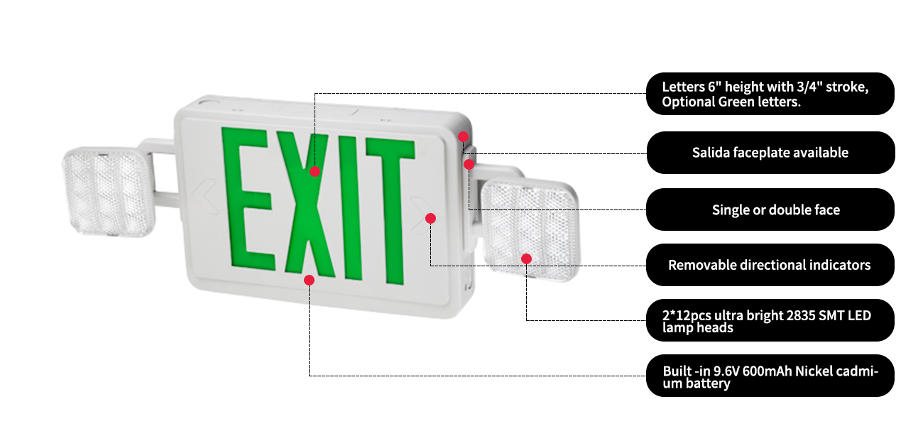 Letters 6' height with 3/4' stroke,Optional Green letters.Salida faceplate availableSingle or double faceRemovable directional indicators2*12pcs ultra bright 2835 SMT LED lamp headsBuilt -in 9.6V 600mAh Nickel cadmium battery